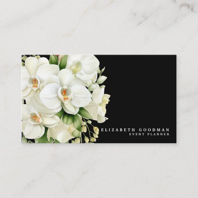 Cartes de visite noires aux orchidées blanches mod (Devant)