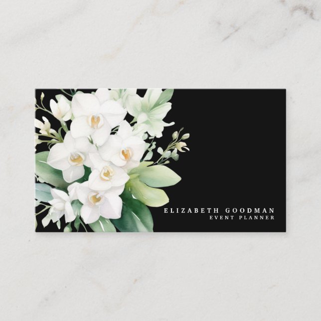 Cartes de visite noires aux orchidées blanches mod (Devant)
