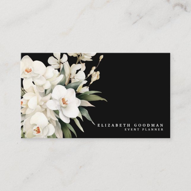 Cartes de visite noires aux orchidées blanches mod (Devant)