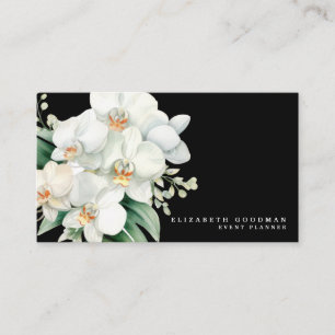 Cartes de visite noires aux orchidées blanches mod
