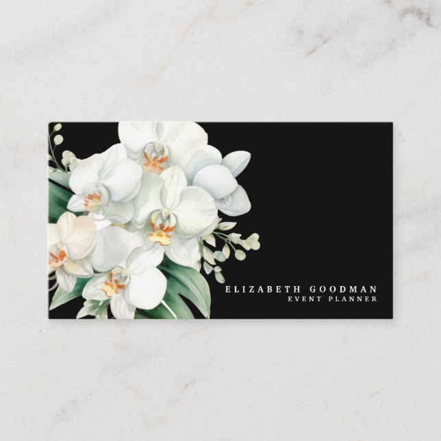 Cartes de visite noires aux orchidées blanches mod (Devant)