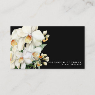 Cartes de visite noires aux orchidées blanches mod