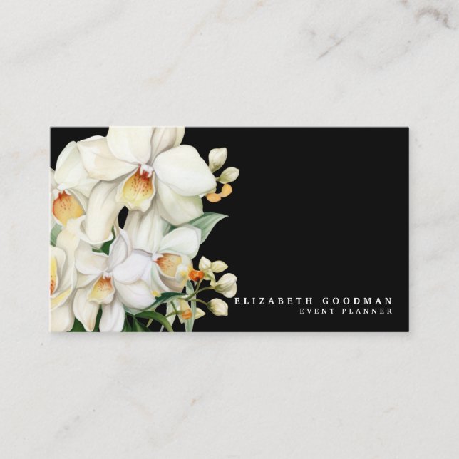 Cartes de visite noires aux orchidées blanches mod (Devant)