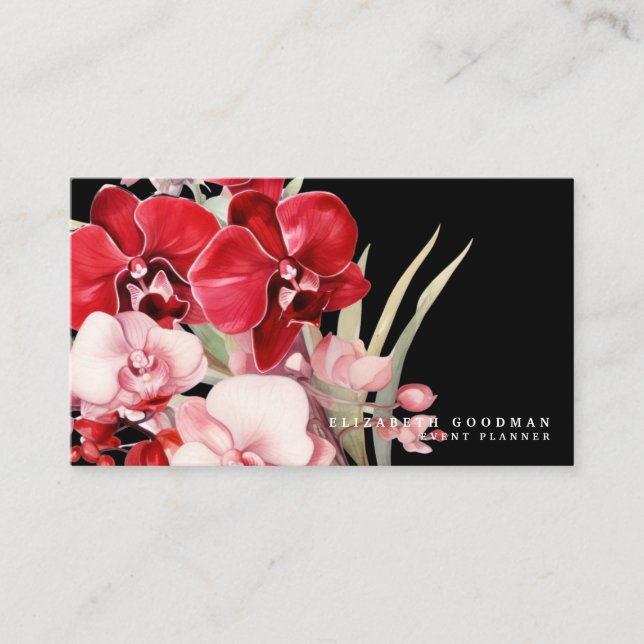 Cartes de visite noires avec orchidées rouges clas (Devant)