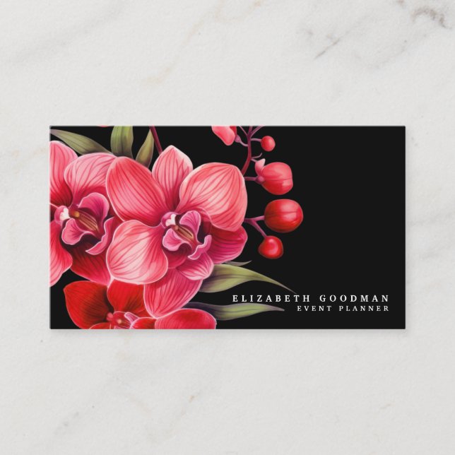 Cartes de visite noires avec orchidées rouges clas (Devant)