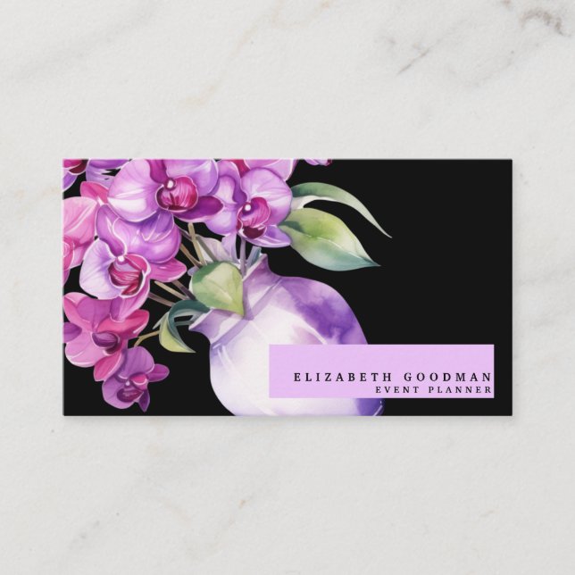 Cartes de visite noires avec orchidées violettes c (Devant)