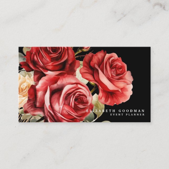 Cartes de visite noires avec roses rouges classiqu (Devant)