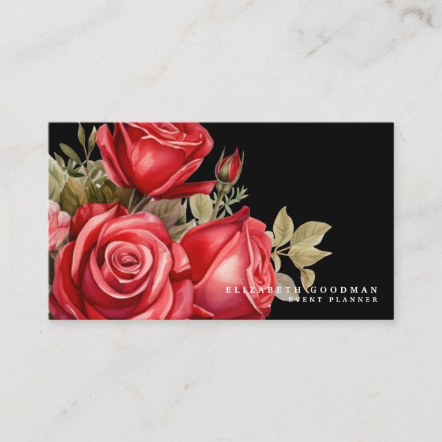 Cartes de visite noires avec roses rouges classiqu (Devant)