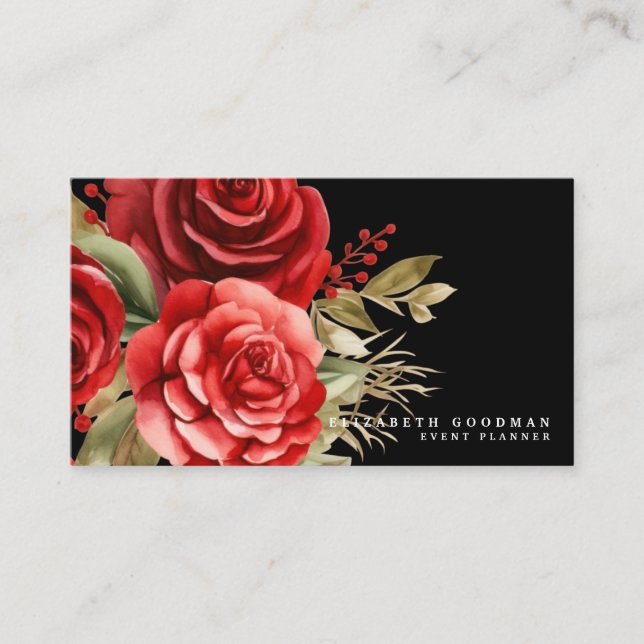 Cartes de visite noires avec roses rouges classiqu (Devant)