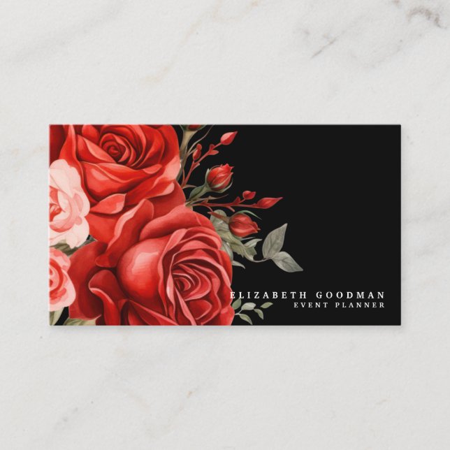 Cartes de visite noires avec roses rouges classiqu (Devant)