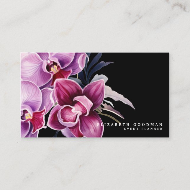 Cartes de visite noires classiques avec orchidées  (Devant)