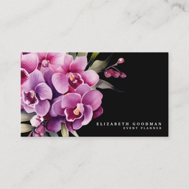 Cartes de visite noires classiques avec orchidées  (Devant)