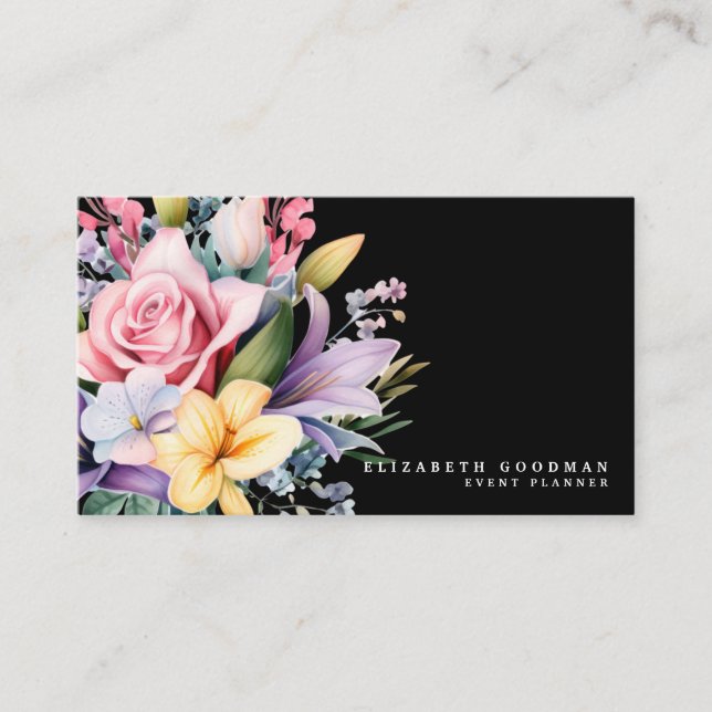 Cartes de visite noires élégantes avec fleurs douc (Devant)