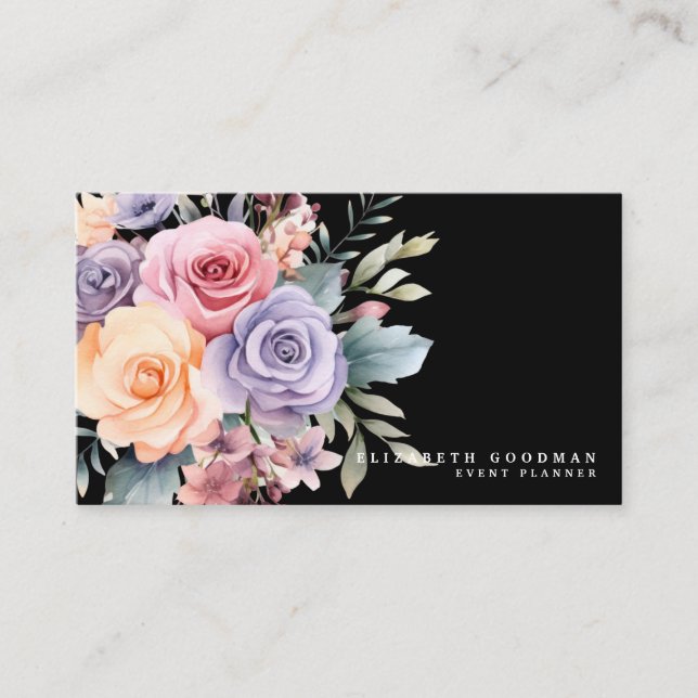 Cartes de visite noires élégantes avec fleurs douc (Devant)