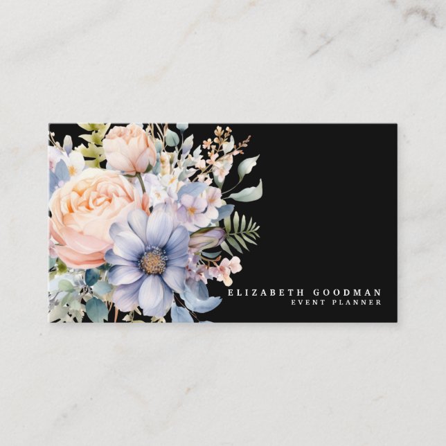 Cartes de visite noires élégantes avec fleurs douc (Devant)