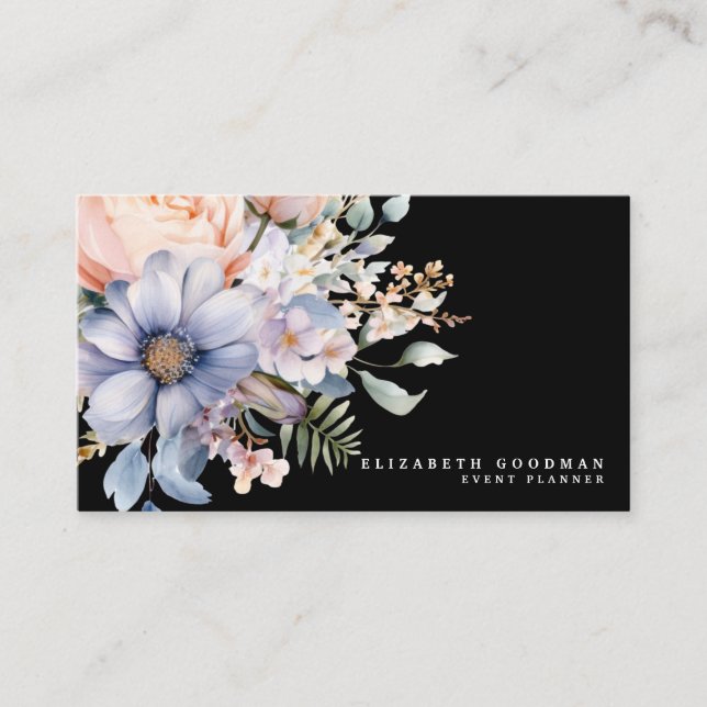 Cartes de visite noires élégantes avec fleurs douc (Devant)