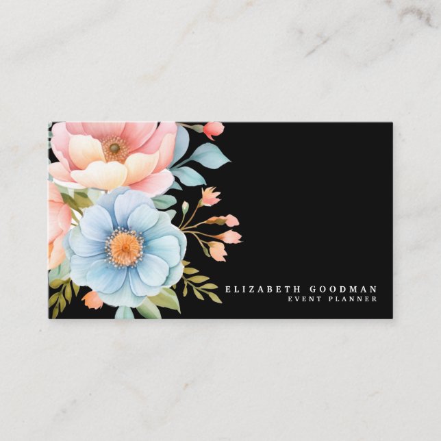 Cartes de visite noires élégantes avec fleurs douc (Devant)
