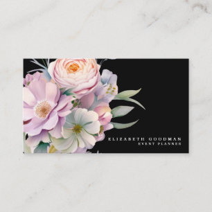 Cartes de visite noires élégantes avec fleurs douc