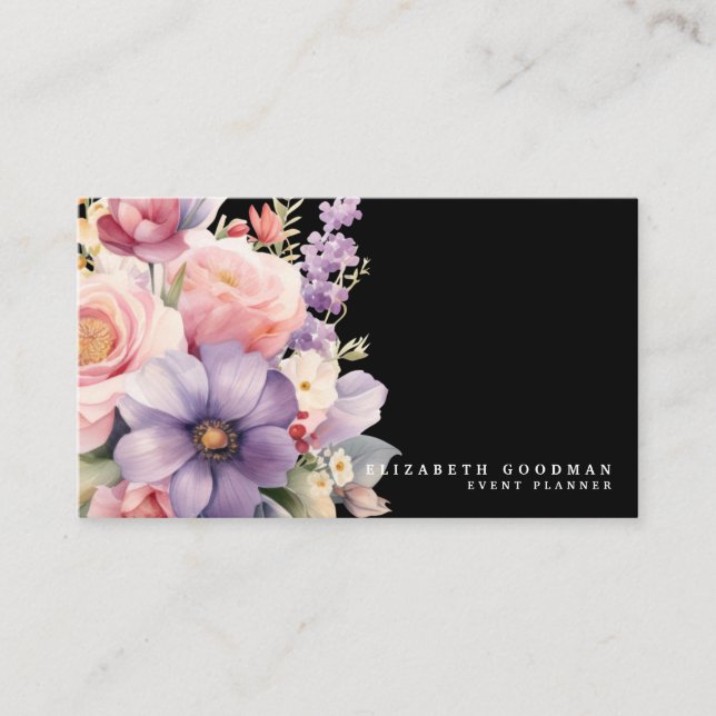 Cartes de visite noires élégantes avec fleurs douc (Devant)