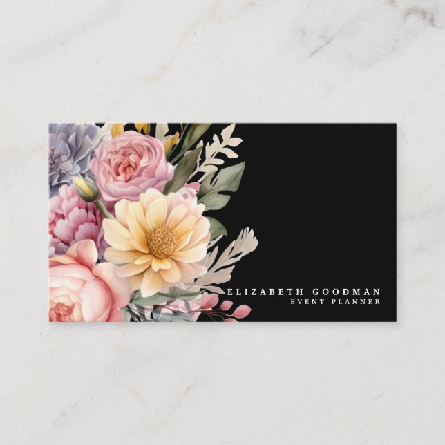 Cartes de visite noires élégantes avec fleurs douc (Devant)