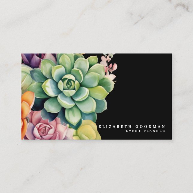 Cartes de visite noires élégantes avec succulentes (Devant)