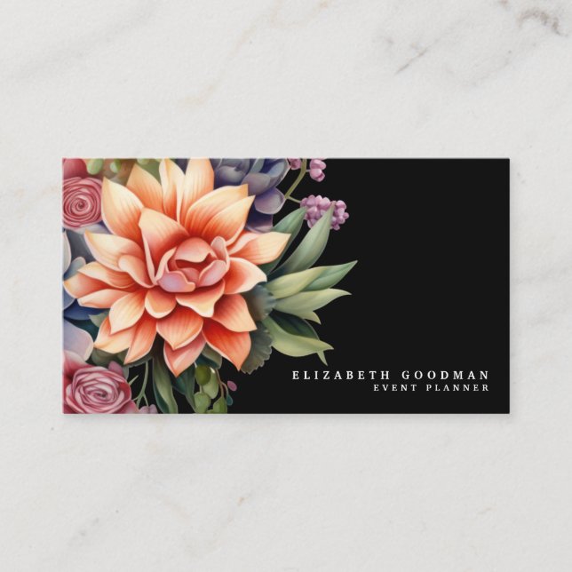 Cartes de visite noires élégantes avec succulentes (Devant)