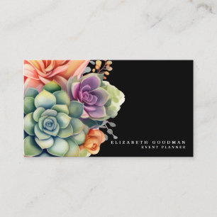 Cartes de visite noires élégantes avec succulentes