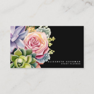 Cartes de visite noires élégantes avec succulentes