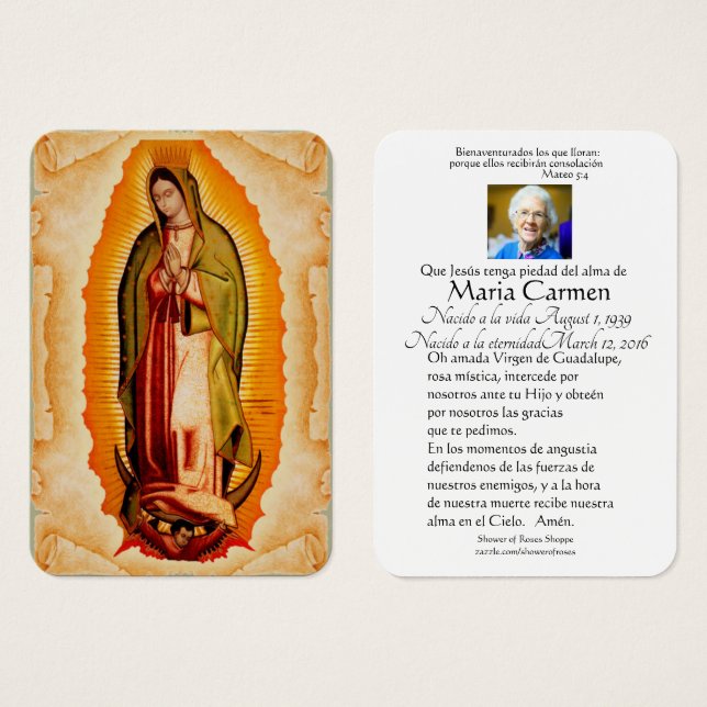 Cartes De Visite Notre-Dame de Guadalupe Espagne funérailles prière (Devant & derrière)