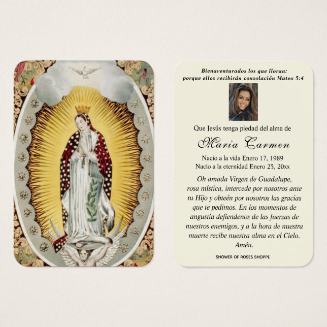 Cartes De Visite Notre-Dame de Guadalupe Espagne funérailles prière (Devant & derrière)