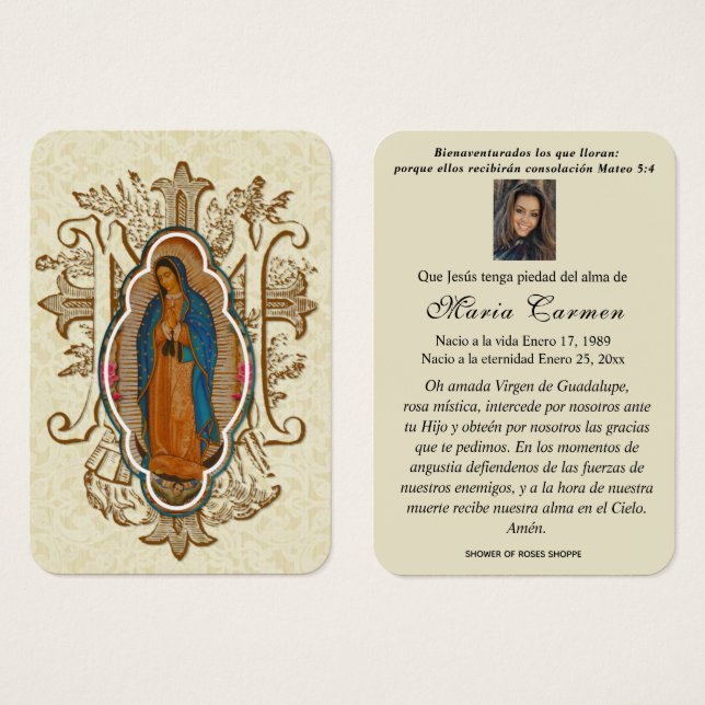 Cartes De Visite Notre-Dame de Guadalupe Espagne funérailles prière (Devant & derrière)