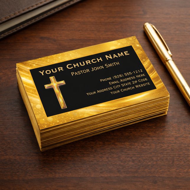 Cartes de visite Or et Noir Bokeh Pasteur d'église (The foil details are simulated in the artwork. No actual foil will be used in making this product.)