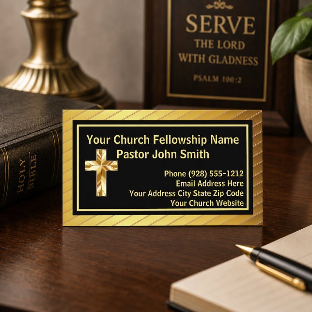 Cartes de visite or et noir élégantes pour pasteur (Please Note: The metal details are simulated in the artwork. No actual metal will be used.)
