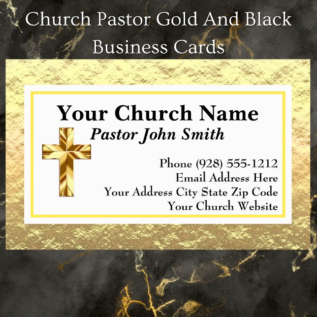 Cartes de visite or et noir pour pasteur d'église (The foil details are simulated in the artwork. No actual foil will be used in making this product.)