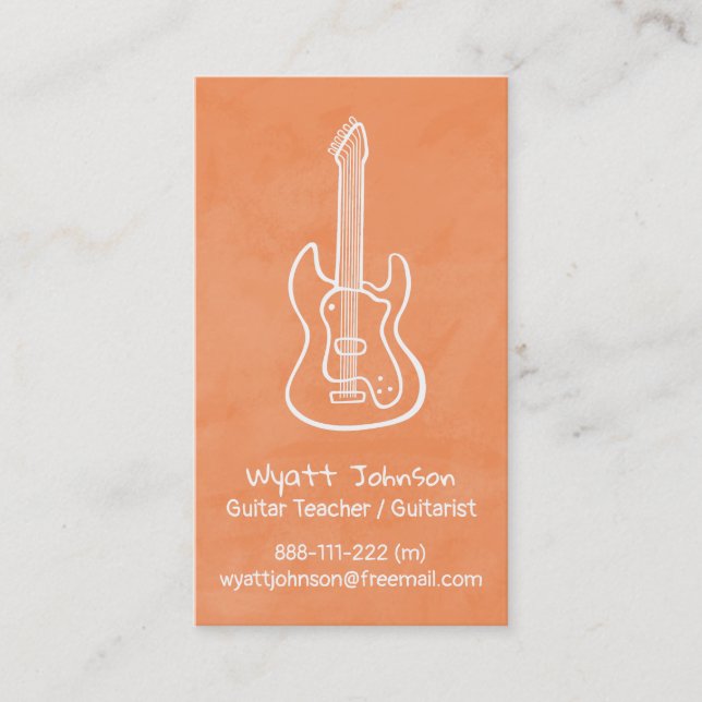 Cartes de visite orange pour guitariste avec gribo (Devant)