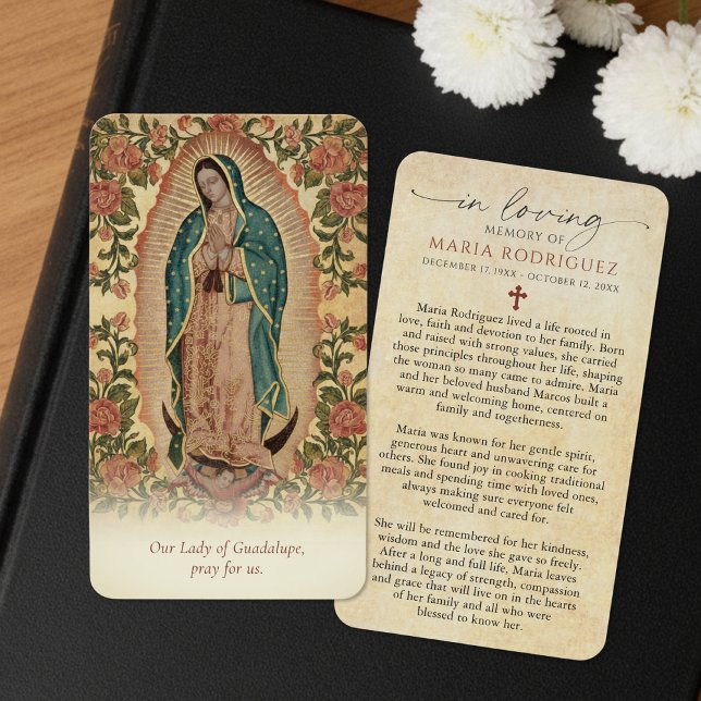 Cartes De Visite Our Lady of Guadalupe Floral Memorial Prayer Cards (Créateur téléchargé)
