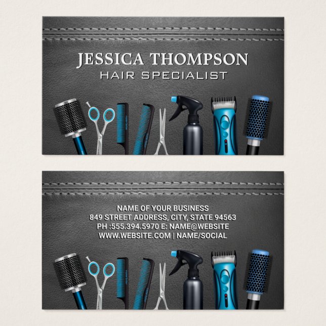 Cartes De Visite Outils de coiffeur | Cuir pointu (Devant & derrière)