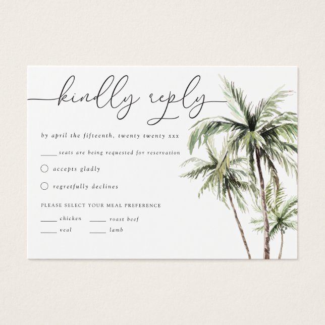 Cartes De Visite Palm Tree Tropical | Réponse RSVP de mariage minim (Devant)