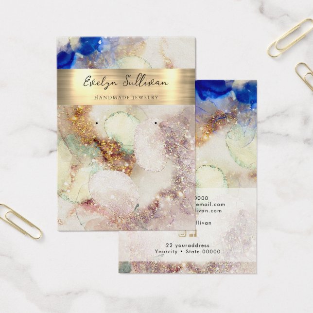 Cartes De Visite Parties scintillant aquarelle feuille or bijoux ca (Bureau)