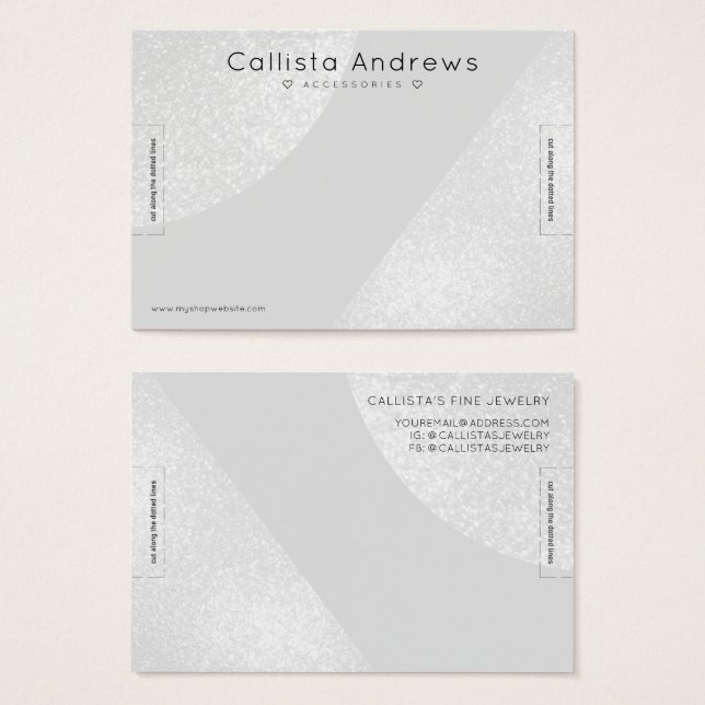 Cartes De Visite Parties scintillant gris argenté Geo Heart Bracele (Devant & derrière)