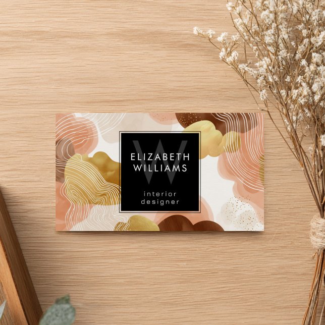 Cartes De Visite Peach Gold Modern Abstract Monogram Business Cards (Créateur téléchargé)