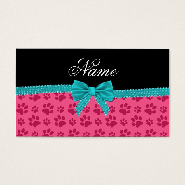 Cartes De Visite Personnalisé nom rose pattes chien turquoise bow (Devant)