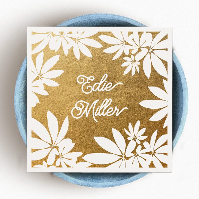 Cartes De Visite Police de script florale or et blanc moderne (Créateur téléchargé)