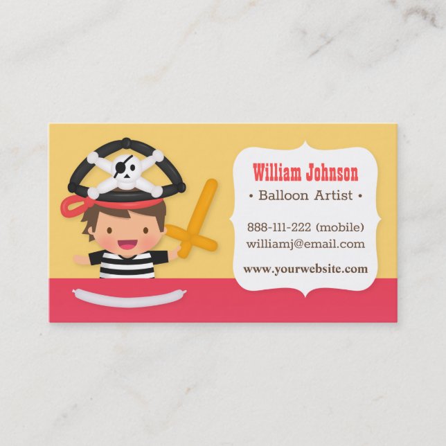 Cartes de visite pour artiste de ballons Pirate Bo (Devant)