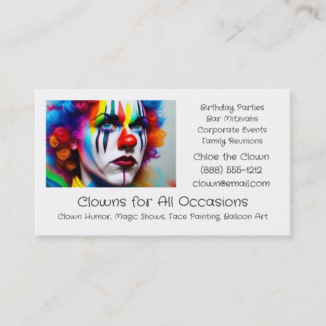 Cartes de visite pour clowns d'anniversaire (Devant)