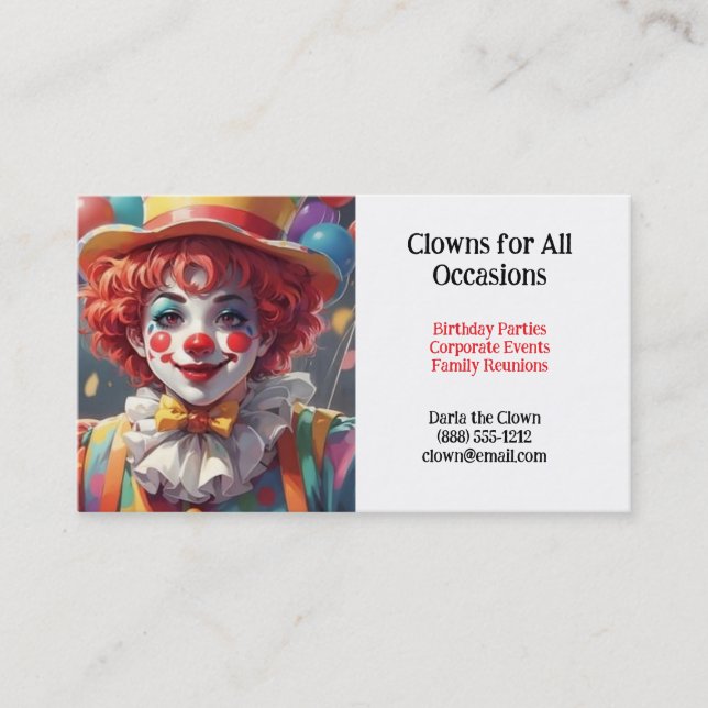 Cartes de visite pour clowns pour fêtes d'annivers (Devant)