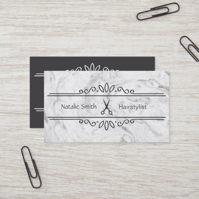 Cartes de visite pour coiffeurs aux ciseaux élégan (Devant/Arrière en situation)