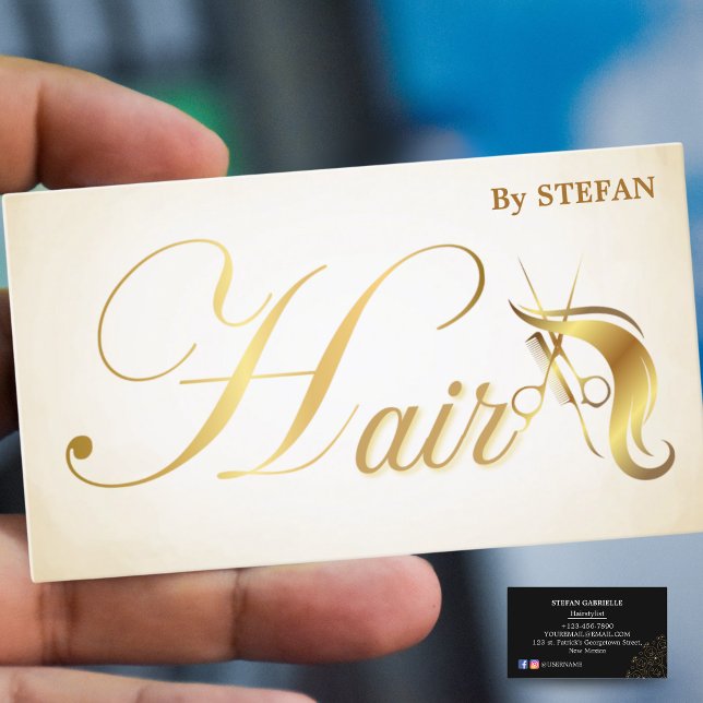 Cartes de visite pour coiffeurs - Écriture noire e (Hair Stylist Business Cards - Rose Gold Script)
