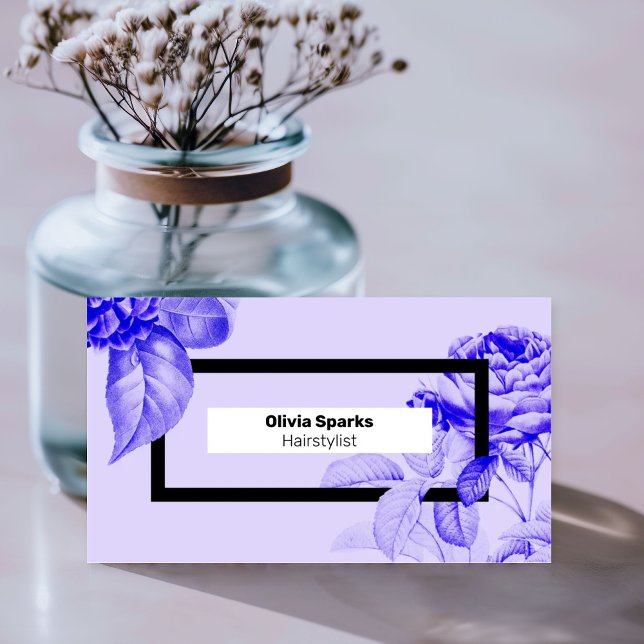 Cartes de visite pour coiffeurs modernes élégantes (An elegant modern hair stylist business card in lavender purple and vivid blue, with vintage florals)