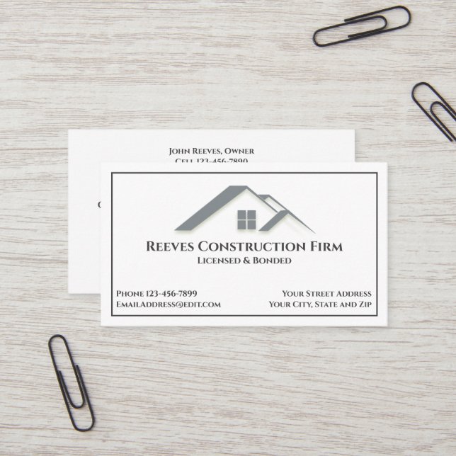 Cartes de visite pour entrepreneur en construction (Devant/Arrière en situation)
